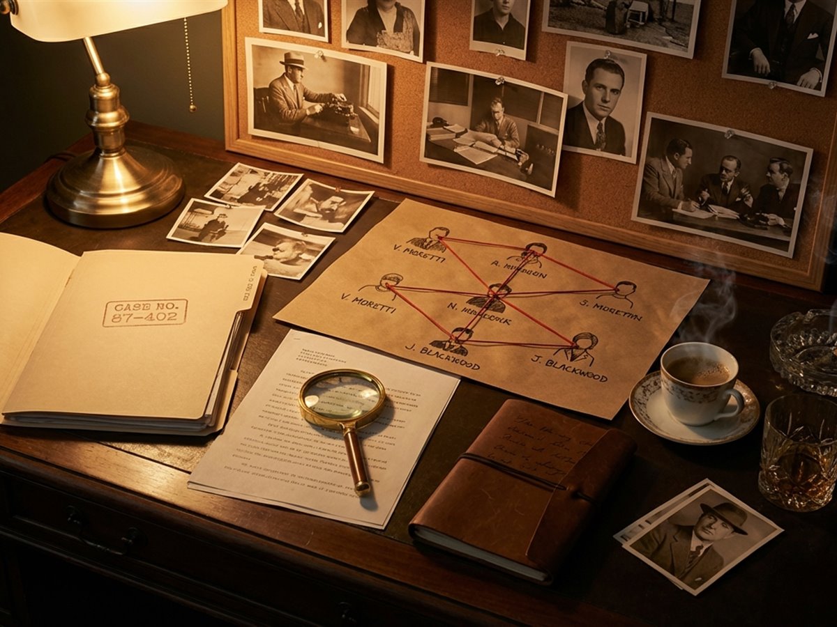 Investigation in progress — suspect diagram with red string, notebook, magnifying glass