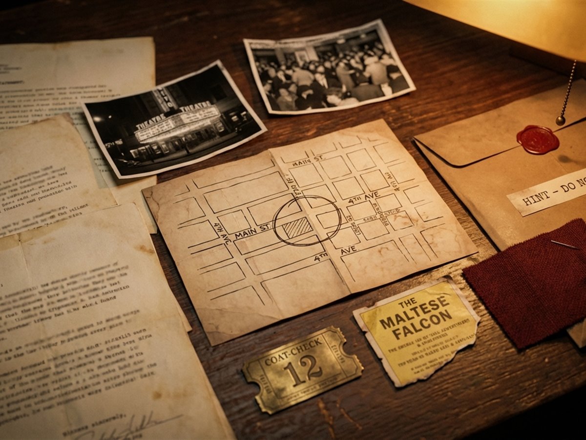 Opened evidence — map, photos, witness statements, coat-check ticket #12
